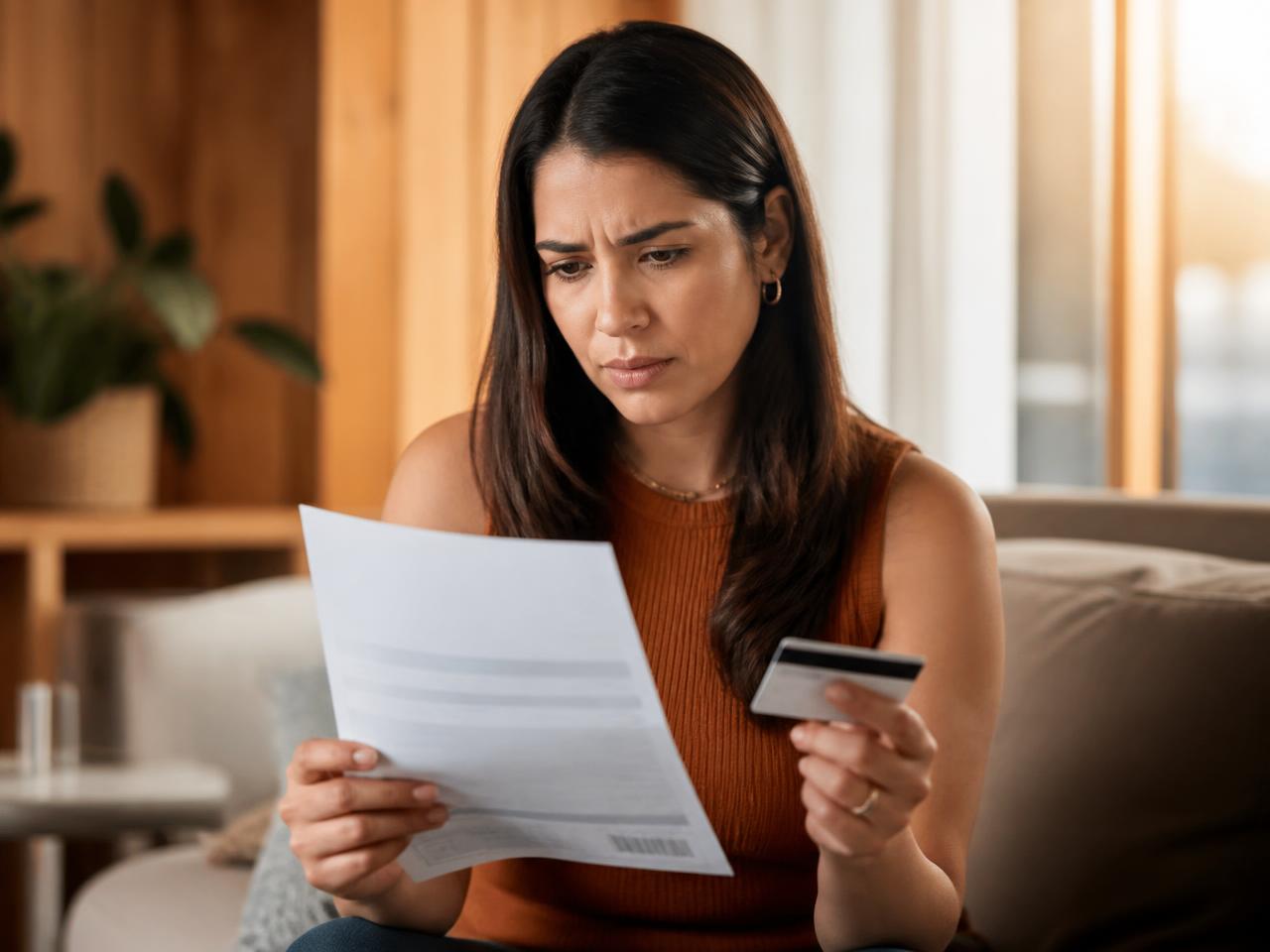 Consumidora analisando fatura e cartão em casa